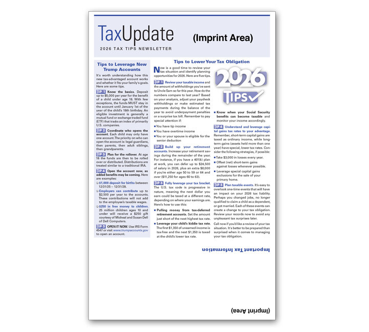 Image for item #03-851: 2026 Imprinted TAX TIPS Newsletter Self-Mailer