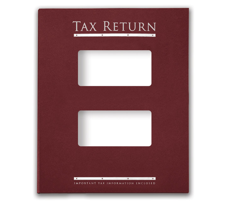 Image for item #12-465b: InTax Folder: Tax Return Embossed and Foil Center Cut Hidden Staple Tab - Burgundy. ON BACKORDER