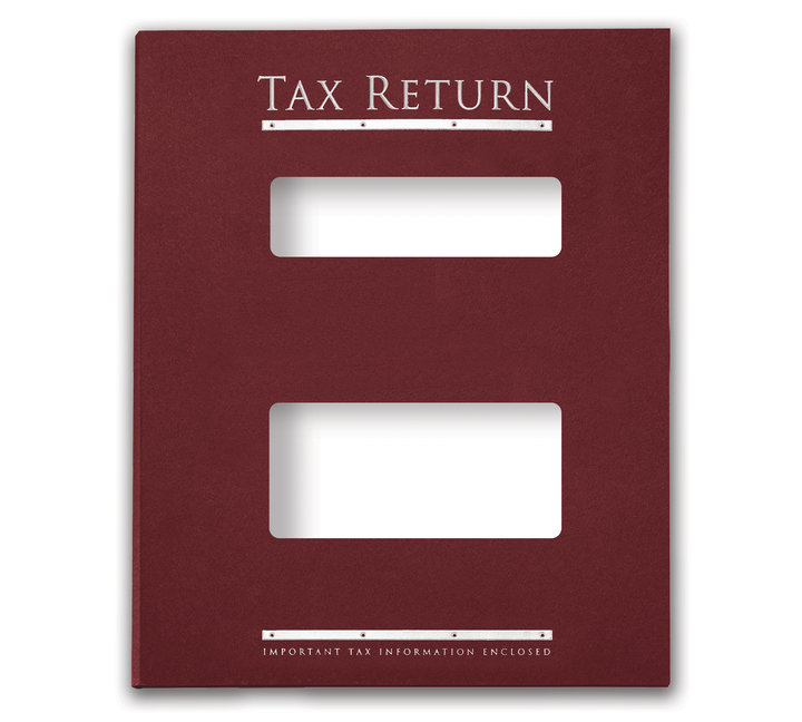 Image for item #12-765b: MultiTax Folder: Tax Return Embossed and Foil Center Cut Hidden Staple Tab - Burgundy