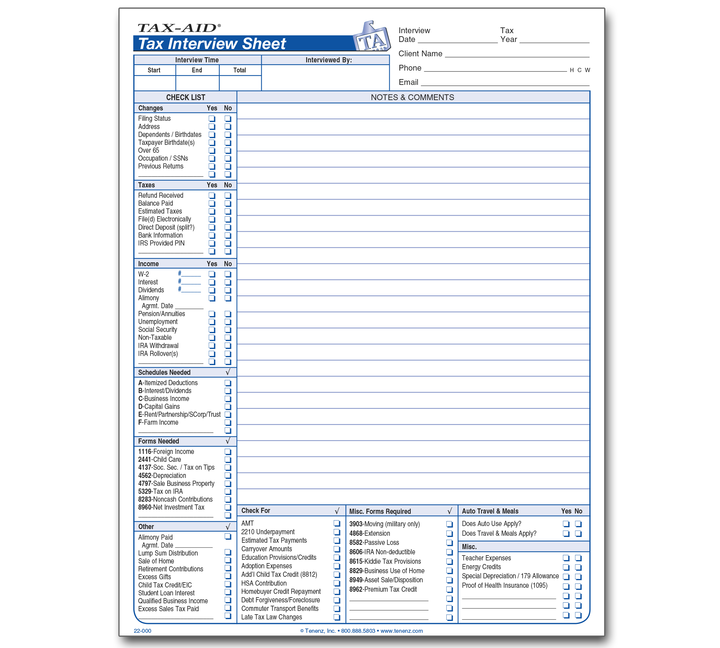 Image for item #22-000: Tax Interview Sheet Pad