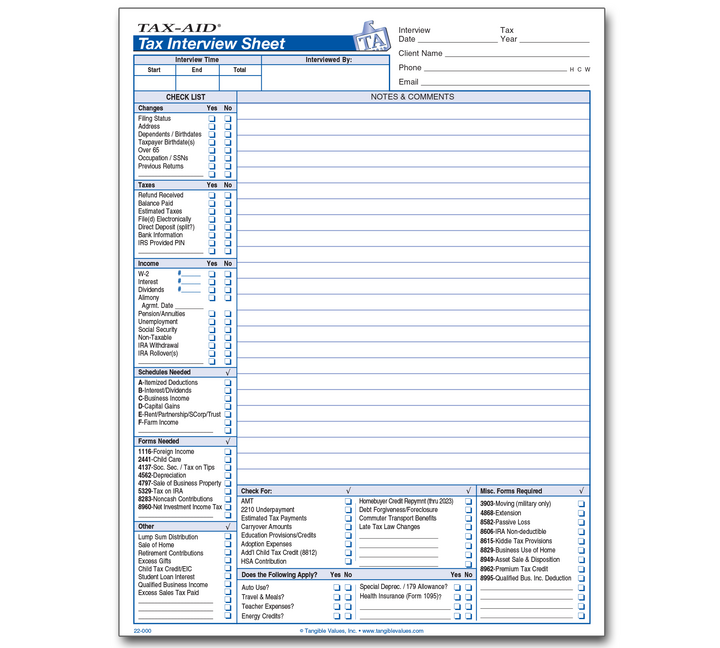 Image for item #22-000: Tax Interview Sheet Pad