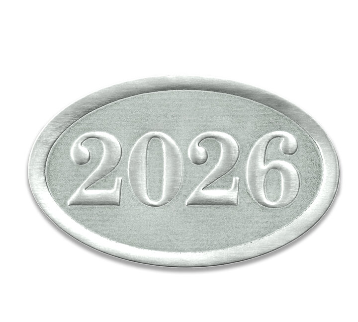 Image for item #40-2026s: 2026 SILVER Embossed Foil Seals (100/pack)