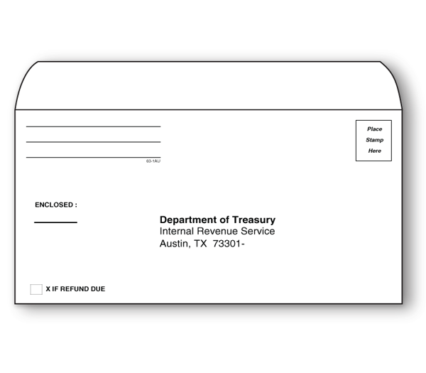 Image for item #63-1AU: 4 5/8 x 9 1/2 Austin IRS Env. - Refund (50/pk)