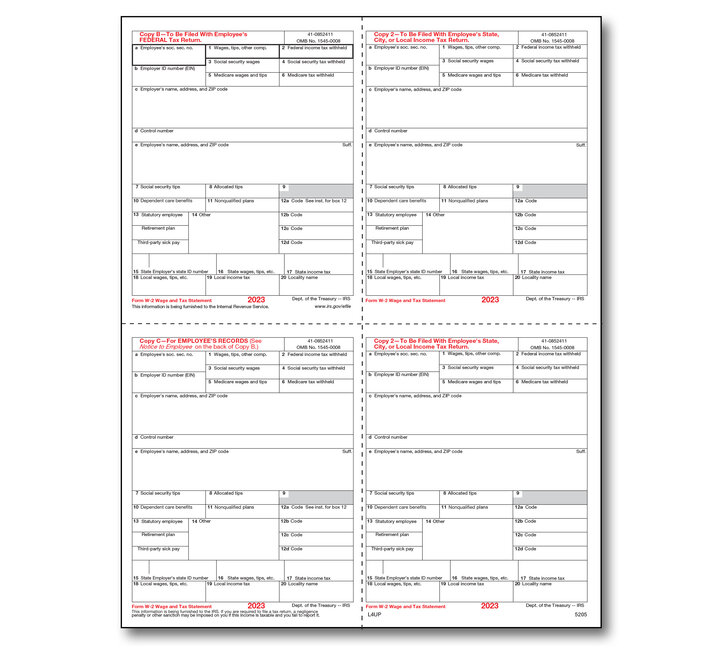 Image for item #82-5205: W-2 Laser 4-up Preprinted