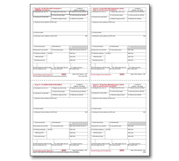 Image for item #82-5205: W-2 Laser 4-up Preprinted