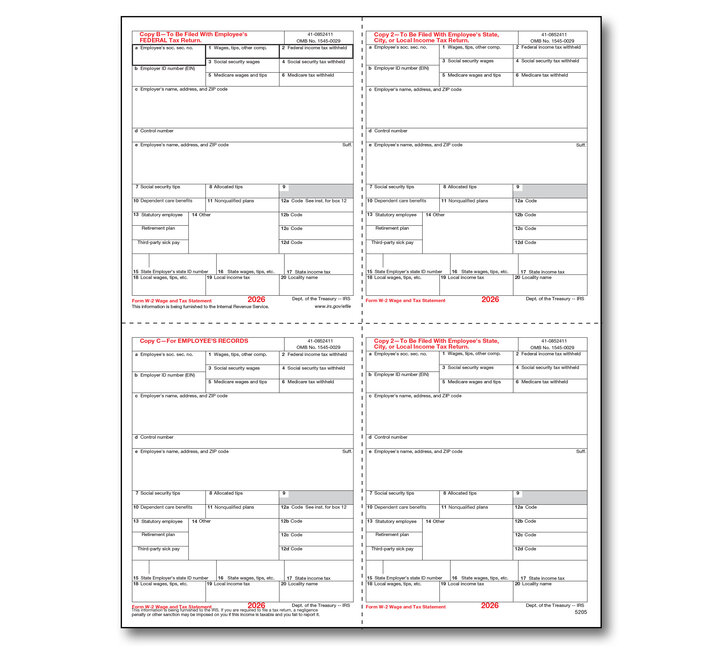 Image for item #82-5205: W-2 Laser 4-up Preprinted