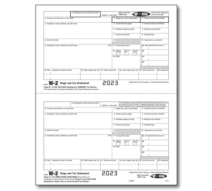 Image for item #82-5212: W-2 Employee Copy B & C (one ee per pg)