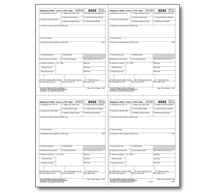 Image for item #82-5405: W-2 Emplyr 4-Up Preprinted Box Cut Sht
