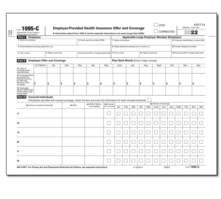 1095C Employer Provided Health Insurance Laser Form - Item: #89-1095c