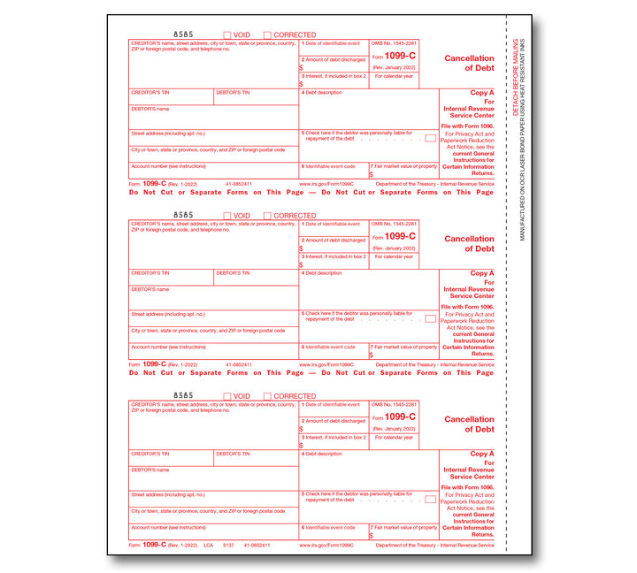 Image for item #89-5137: 1099-C Cancel of  Debt Laser Fed. Copy A