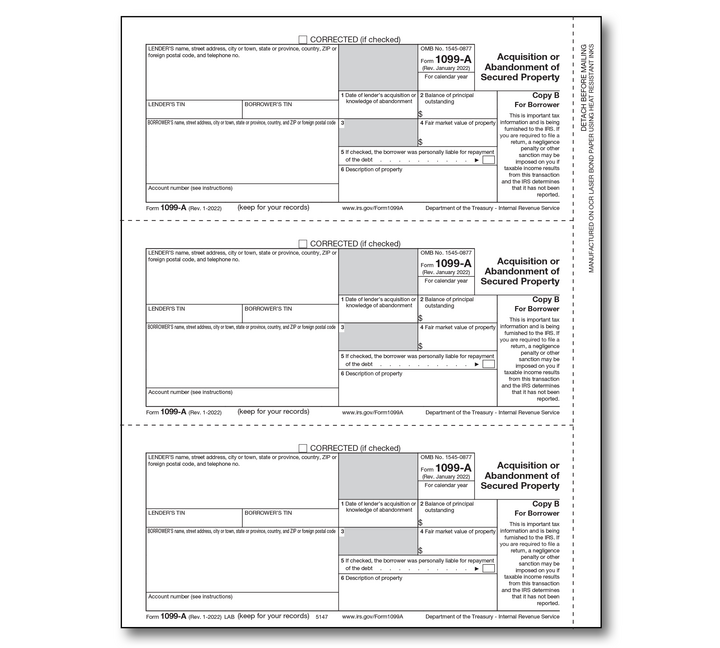 Image for item #89-5147: 1099-A Borrower Copy B Acquisiton