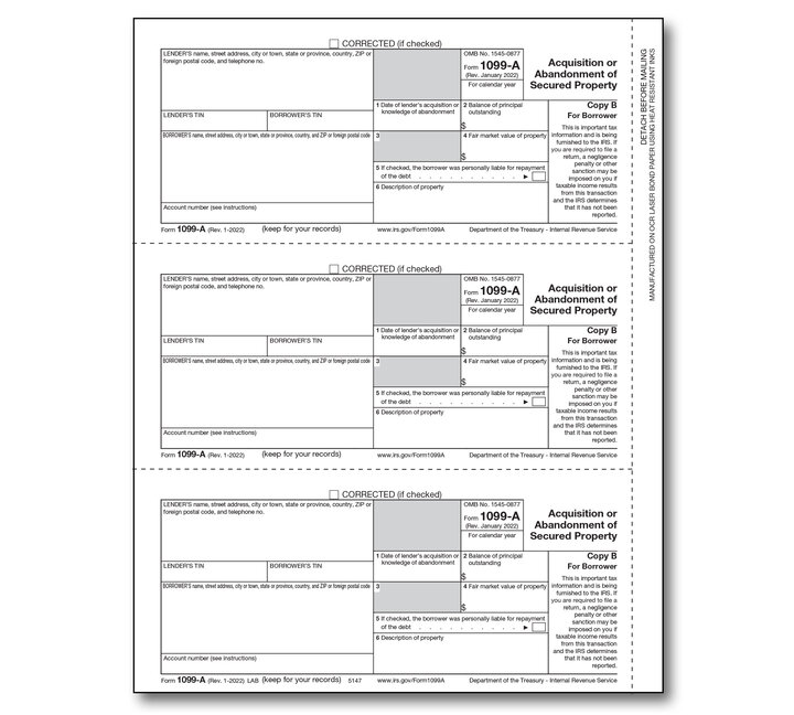 Image for item #89-5147: 1099-A Borrower Copy B Acquisiton
