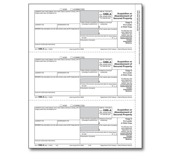 Image for item #89-5148: 1099-A Lender/State Copy C Acquisiton