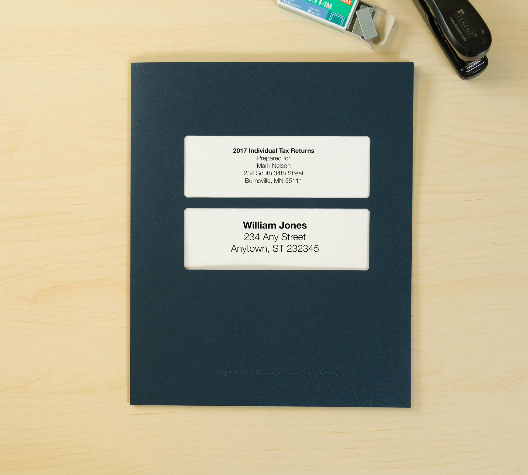 Navy Blue Tax Folder with Top-Staple Tabs and Offset Windows 8 13/16 x 11 1/2 50 Folders 