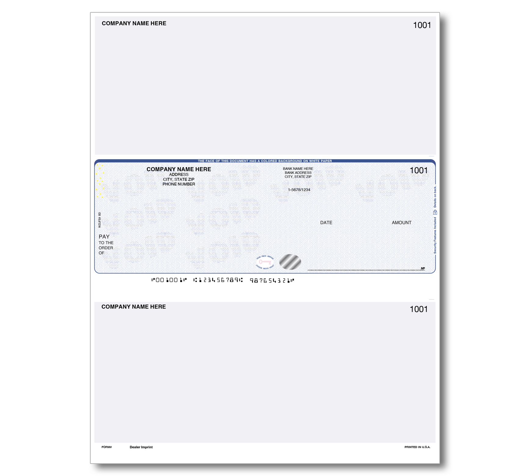 Pre-Printed SECURITY Laser 1-up Checks - Middle Position - Item: #48-122
