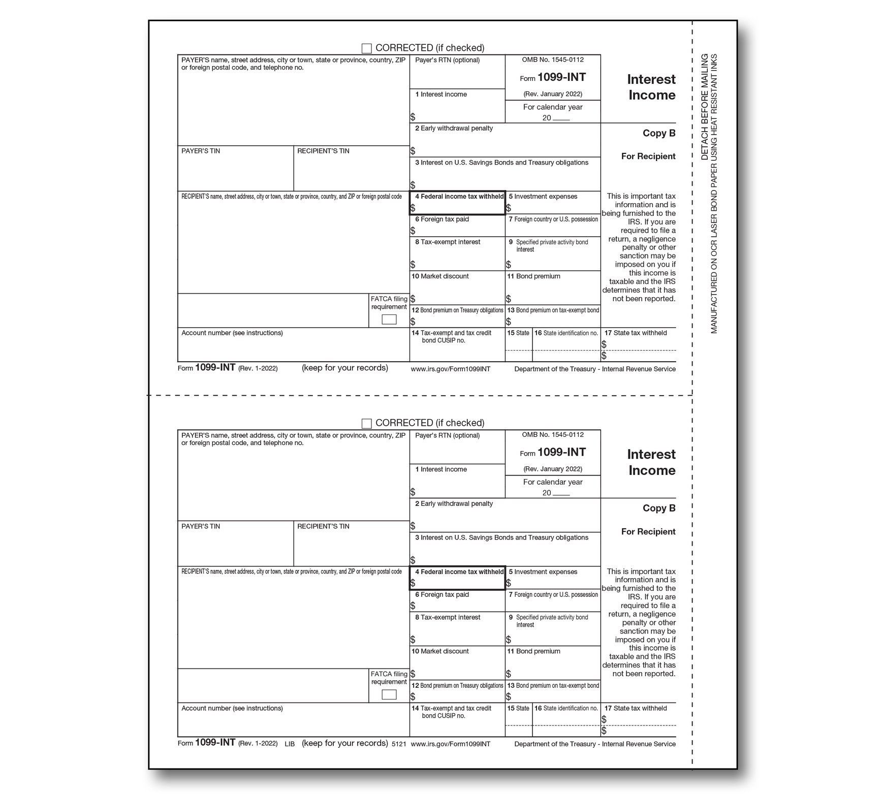 Recipient Copy B 100/PK 2020 Laser 1099B Tax Forms 
